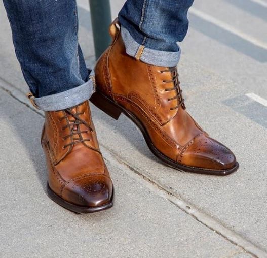 Men Tan Brown Wing Tip Brogue Ankle High Lace Up Boots, Ankle Boots