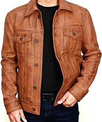 Men's Brown Leather Trucker Jacket