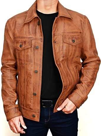 Men's Brown Leather Trucker Jacket