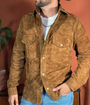 Suede Leather Shirt Jacket in Tan with Flap Pockets