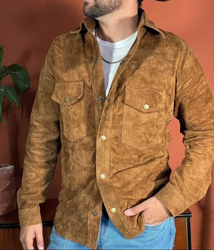 Suede Leather Shirt Jacket in Tan with Flap Pockets