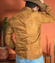 Suede Leather Shirt Jacket in Tan with Flap Pockets - Image 2