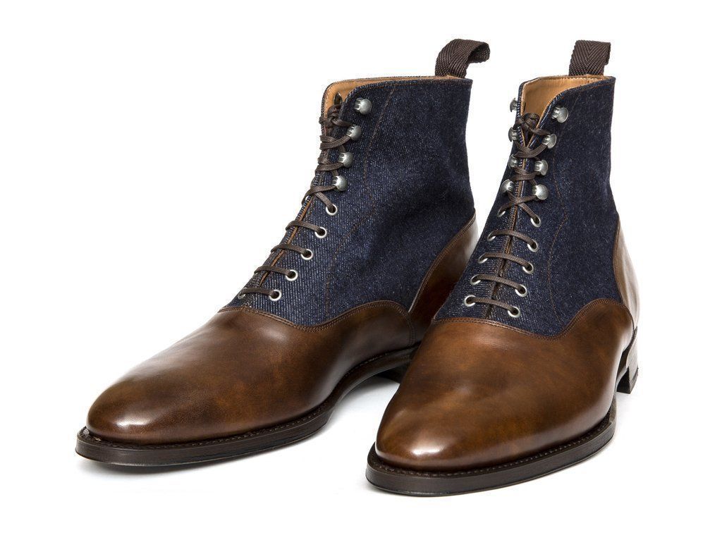 Men Two Tone Ankle Boots, Brown And Blue Denim Lace Up Boots For