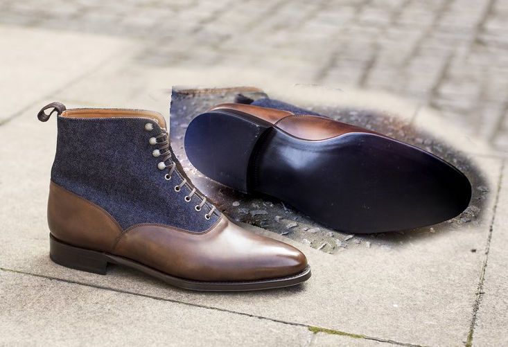 Men Two Tone Ankle Boots, Brown And Blue Denim Lace Up Boots For