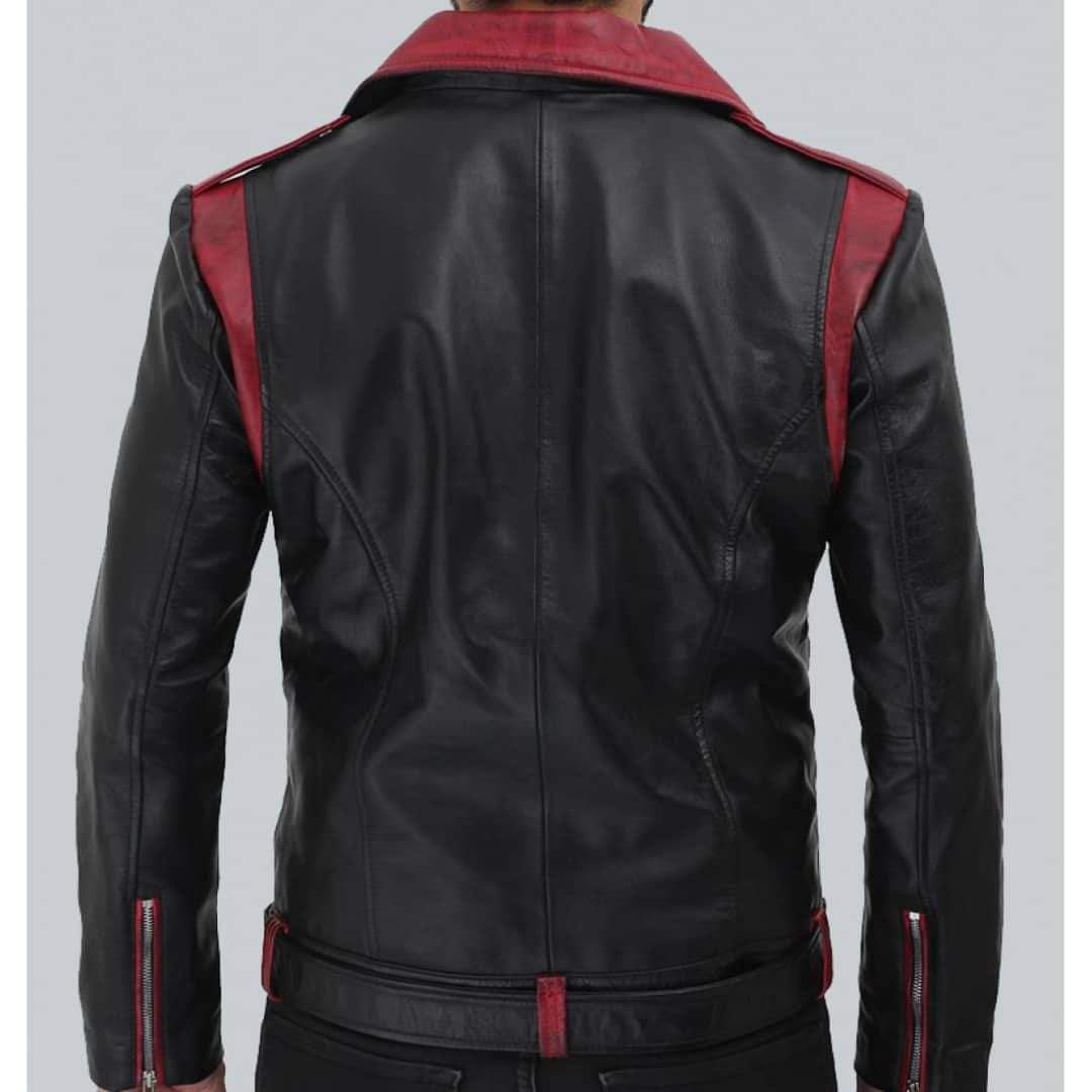 Men two tone belted biker leather jacket, Men Black and red fashion jacket