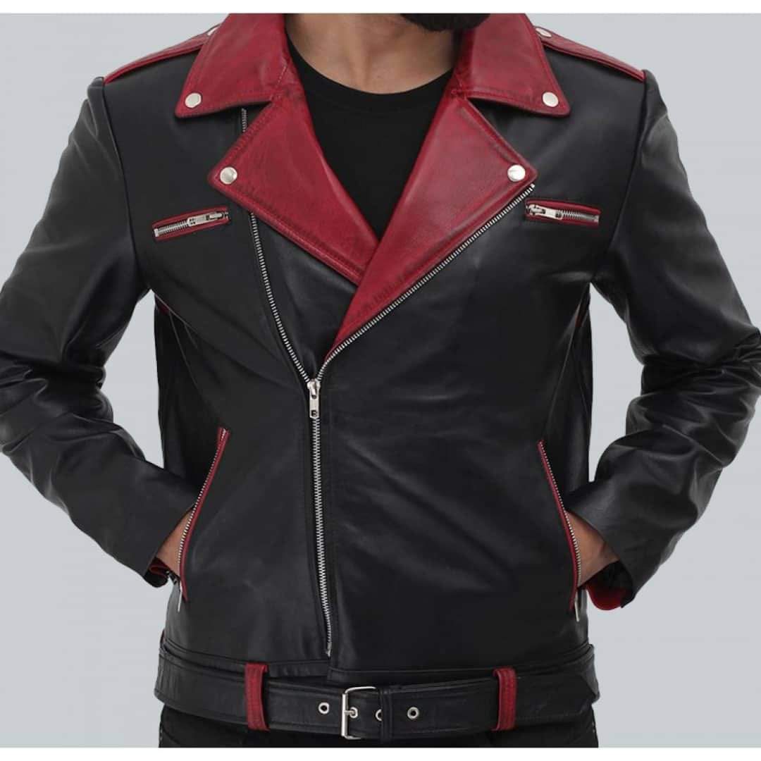 Men two tone belted biker leather jacket, Men Black and red fashion jacket