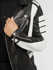 Handmade Men Two Tone Biker Jacket, Men Black and White Fashion Jacket - Image 3