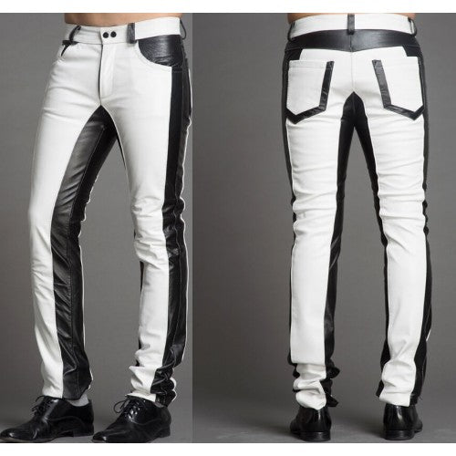 Punk Men Two Tone Biker Leather Trouser, Men Style Motorcycle Leather Jeans