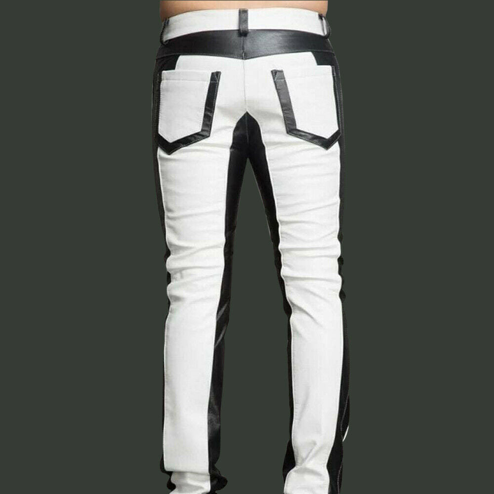 Punk Men Two Tone Biker Leather Trouser, Men Style Motorcycle Leather Jeans