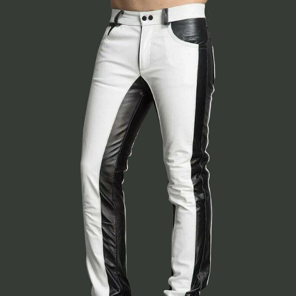 Punk Men Two Tone Biker Leather Trouser, Men Style Motorcycle Leather Jeans