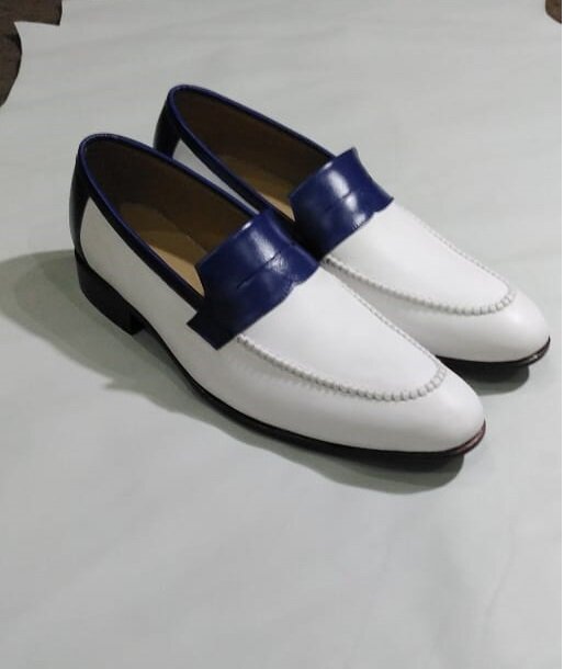 Men Two Tone Formal Shoes, White And Blue Leather Moccasins Loafer