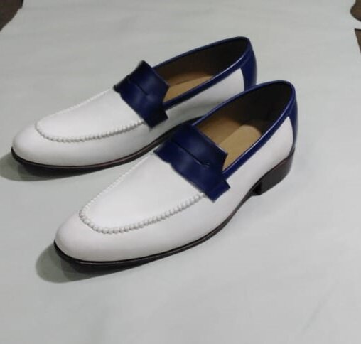 Men Two Tone Formal Shoes, White And Blue Leather Moccasins Loafer