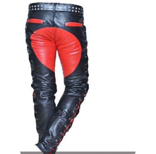 Men two tone lace up Leather Jeans, Men biker trouser, biker Pent for men