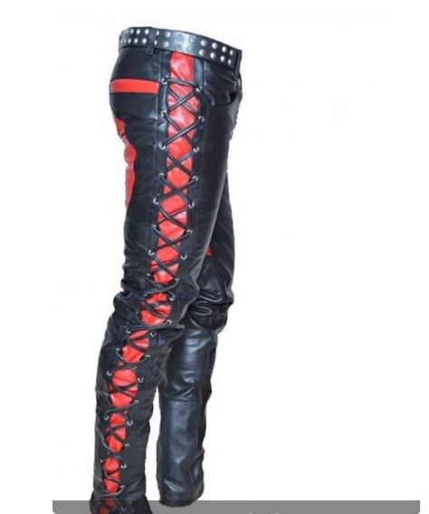 Men two tone lace up Leather Jeans, Men biker trouser, biker Pent for men