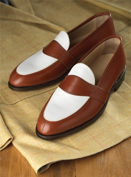 Men Two Tone Spectator dress Shoes brown and White Leather Loafer moccasins