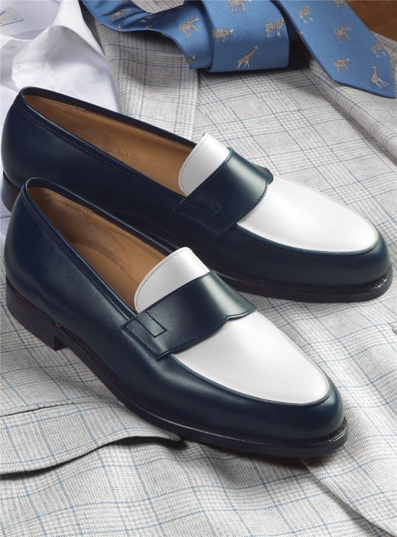 Men Two Tone Spectator Shoes Blue and White Leather Dress Shoes moccasins