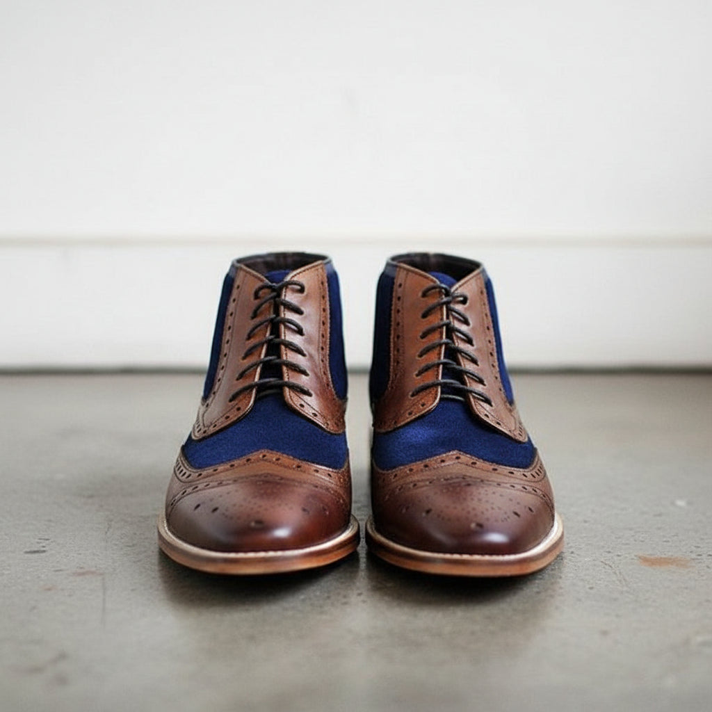 Men Two Tone Wingtip Brogue Ankle Boot Brown And Navy Lace up Boot - front-view