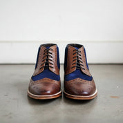 Men Two Tone Wingtip Brogue Ankle Boot Brown And Navy Lace up Boot - front-view