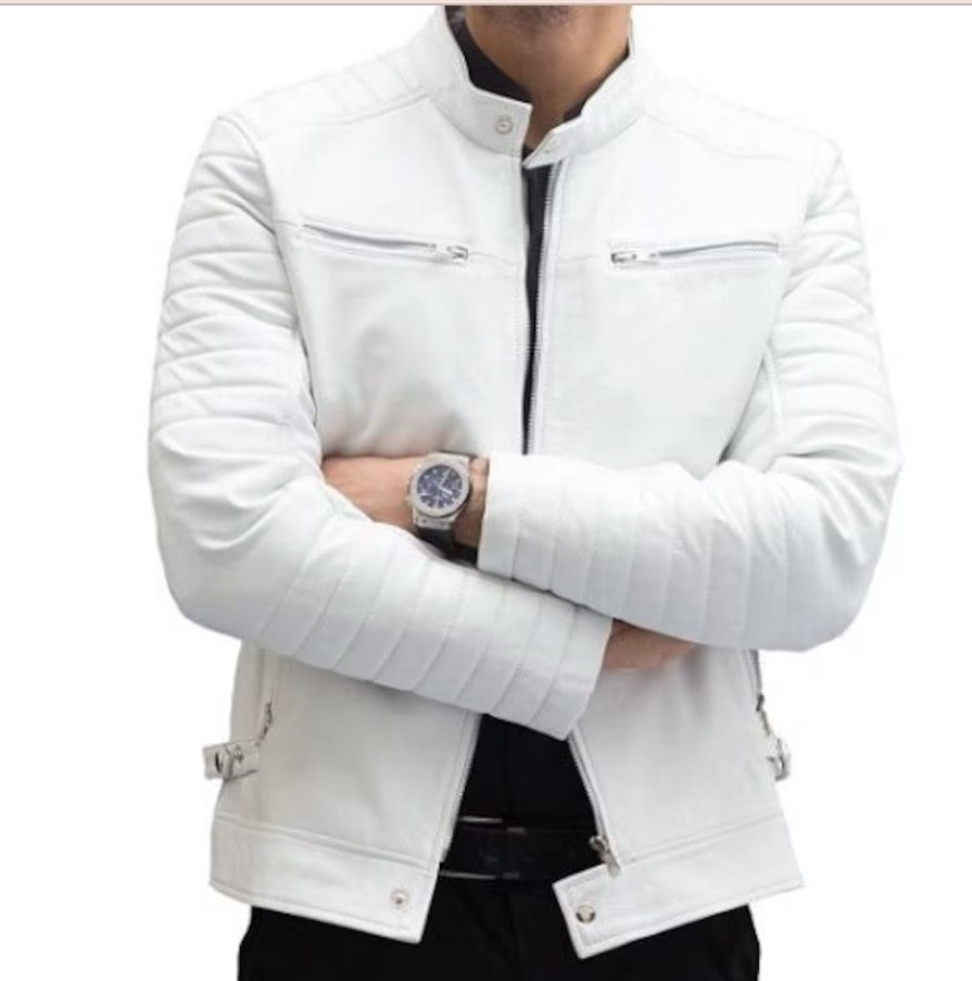 Handmade Men White Leather Slimfit Jacket, Men Motorcycle Jacket, Jacket for Men
