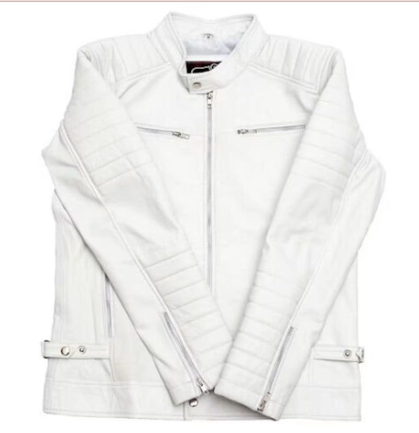 Handmade Men White Leather Slimfit Jacket, Men Motorcycle Jacket, Jacket for Men - Image 4