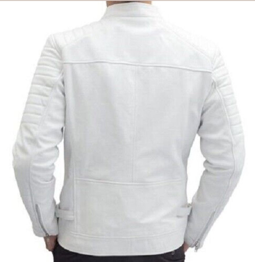 Handmade Men White Leather Slimfit Jacket, Men Motorcycle Jacket, Jacket for Men - Image 2
