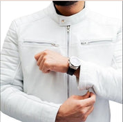Handmade Men White Leather Slimfit Jacket, Men Motorcycle Jacket, Jacket for Men - Image 3