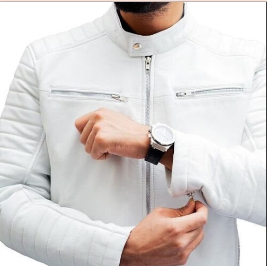 Handmade Men White Leather Slimfit Jacket, Men Motorcycle Jacket, Jacket for Men - Image 3