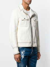 Men White Studded Leather Jacket, Motorcycle Fashion Leather Jackets