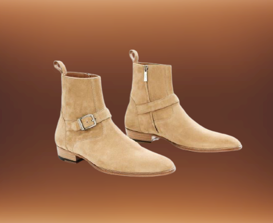 Men's Beige Suede Side Zip Ankle Boots - Image 3