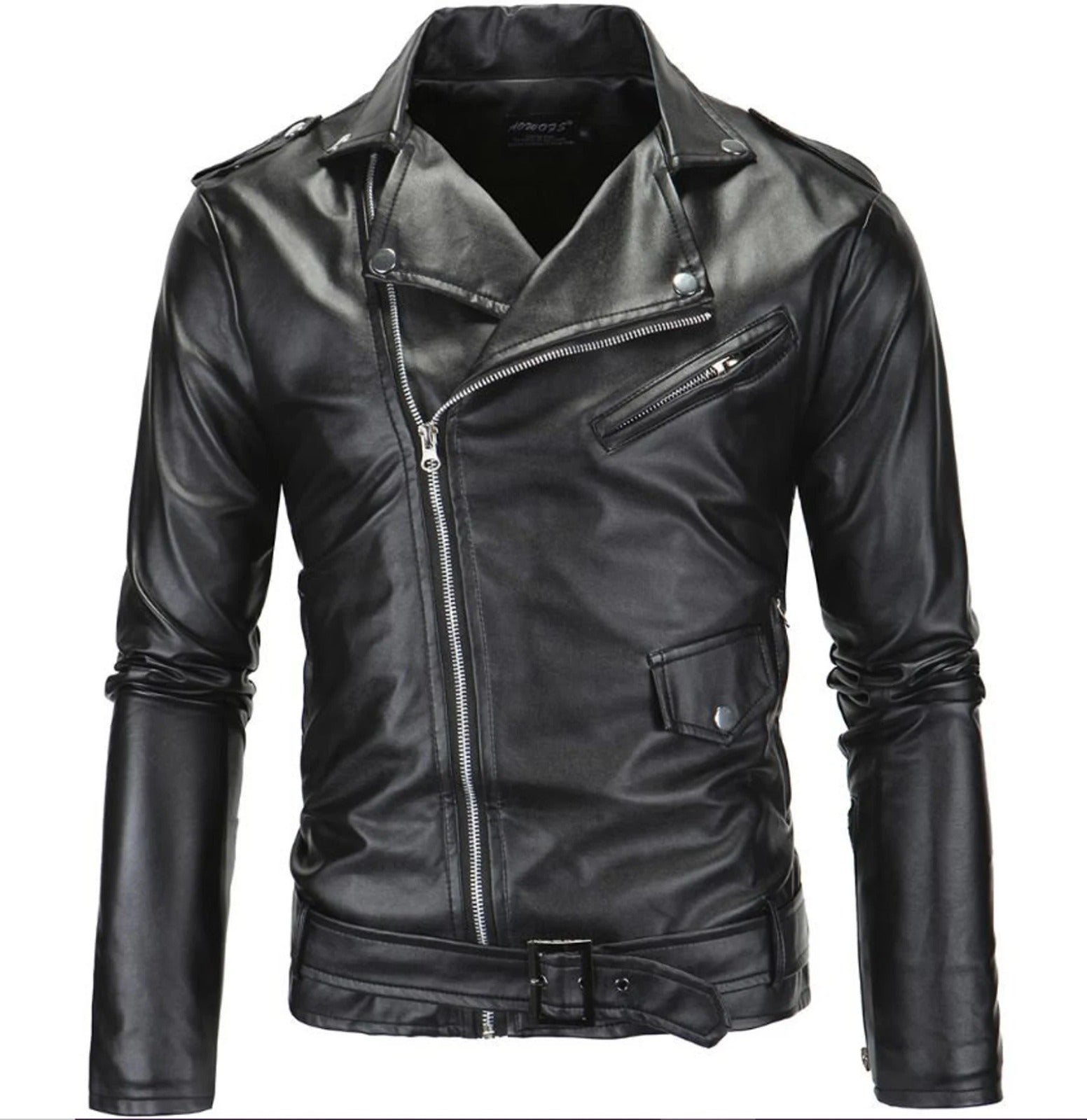 Men's Black Leather Biker Jacket with Belt