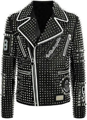Men's Handmade Black Diamond Studded Brando Retro Motorcycle Rock Punk Jacket