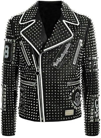Men's Handmade Black Diamond Studded Brando Retro Motorcycle Rock Punk Jacket