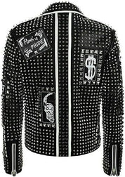 Men's Handmade Black Diamond Studded Brando Retro Motorcycle Rock Punk Jacket - Image 2