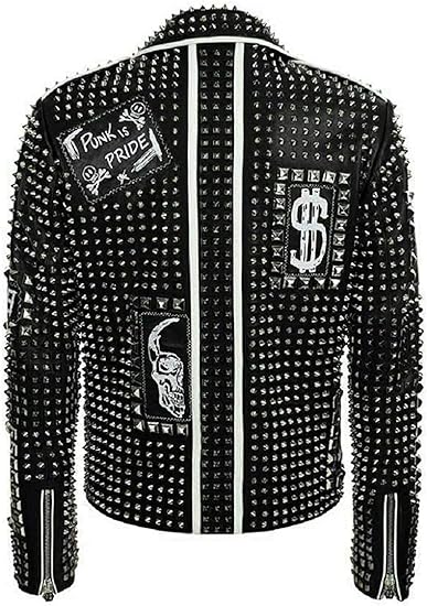 Men's Handmade Black Diamond Studded Brando Retro Motorcycle Rock Punk Jacket - Image 2