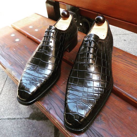 Mens Black Oxfords shoes, Crocodile Patterned Black leather Dress shoes men