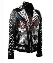Handmade Mens Brando Biker Rock Punk Studded Black Motorcycle Cowhide Leather Jacket