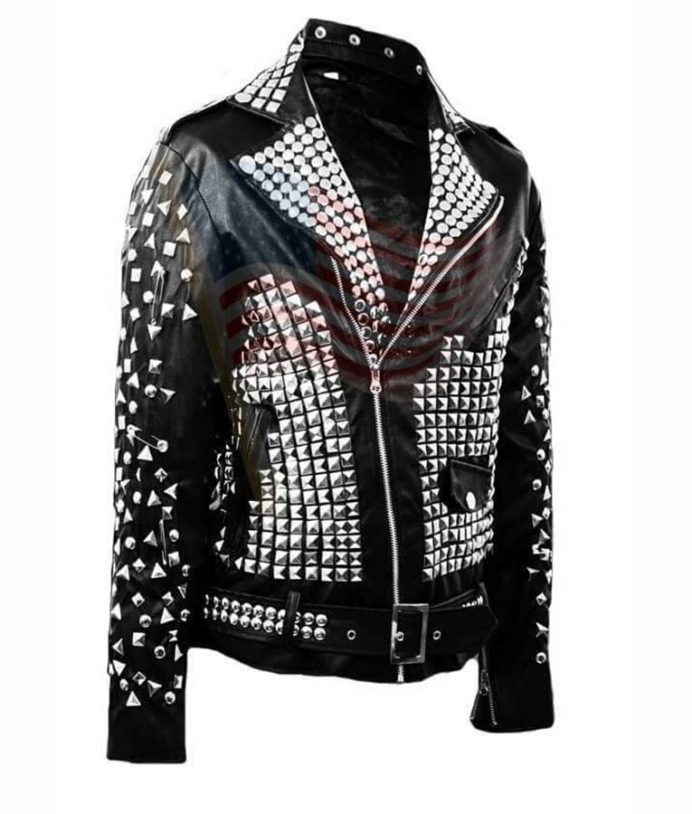 Handmade Mens Brando Biker Rock Punk Studded Black Motorcycle Cowhide Leather Jacket