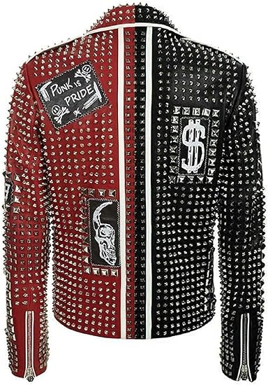 Mens Brando Studded Spikes Punk Rock Motorcycle Two tone Leather jacket