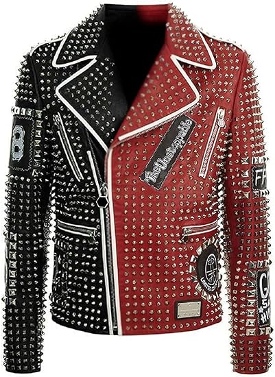 Mens Brando Studded Spikes Punk Rock Motorcycle Two tone Leather jacket