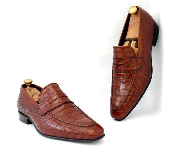 Mens Brown Alligators shoes, brown crocodile embossed Patterns shoes