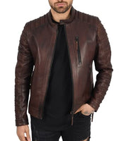 Handmade Mens Brown Leather Jacket, Brown Quilted Genuine Lambskin Biker Jacket