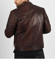 Handmade Mens Brown Leather Jacket, Brown Quilted Genuine Lambskin Biker Jacket - Image 2