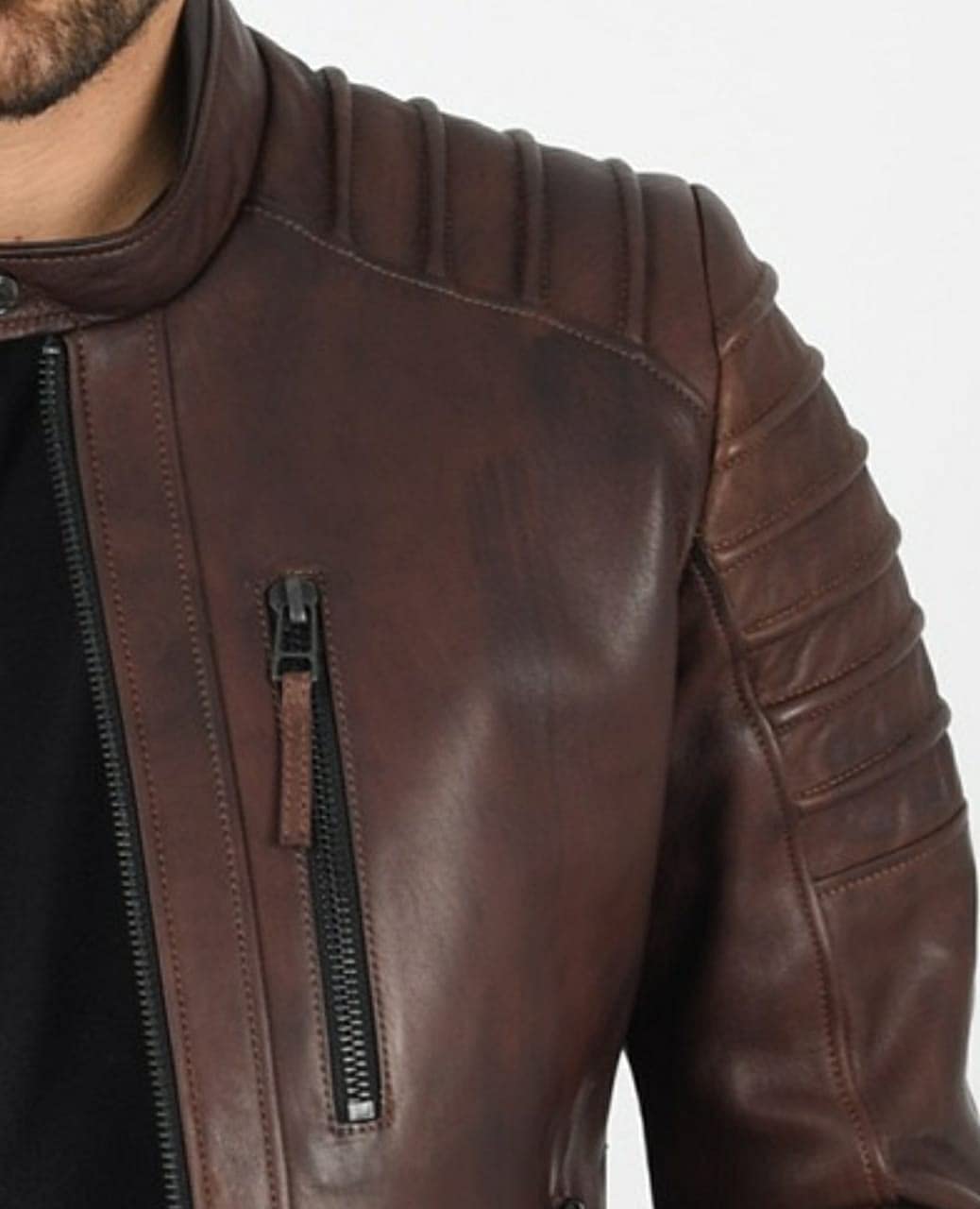 Handmade Mens Brown Leather Jacket, Brown Quilted Genuine Lambskin Biker Jacket - Image 3