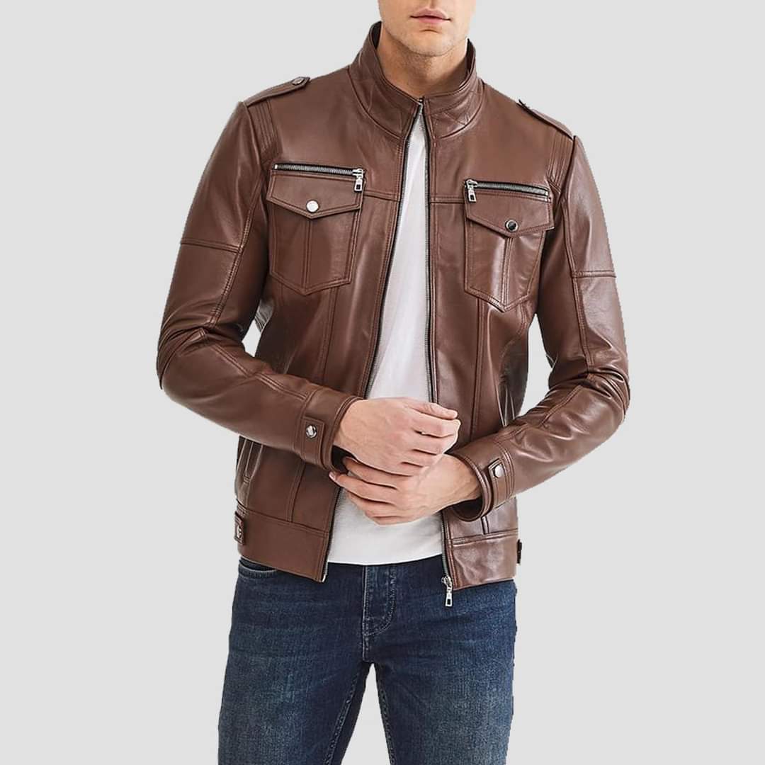 Men's Handmade Brown Leather Biker Jacket with Multi Pockets