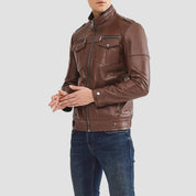 Men's Handmade Brown Leather Biker Jacket with Multi Pockets - Image 4