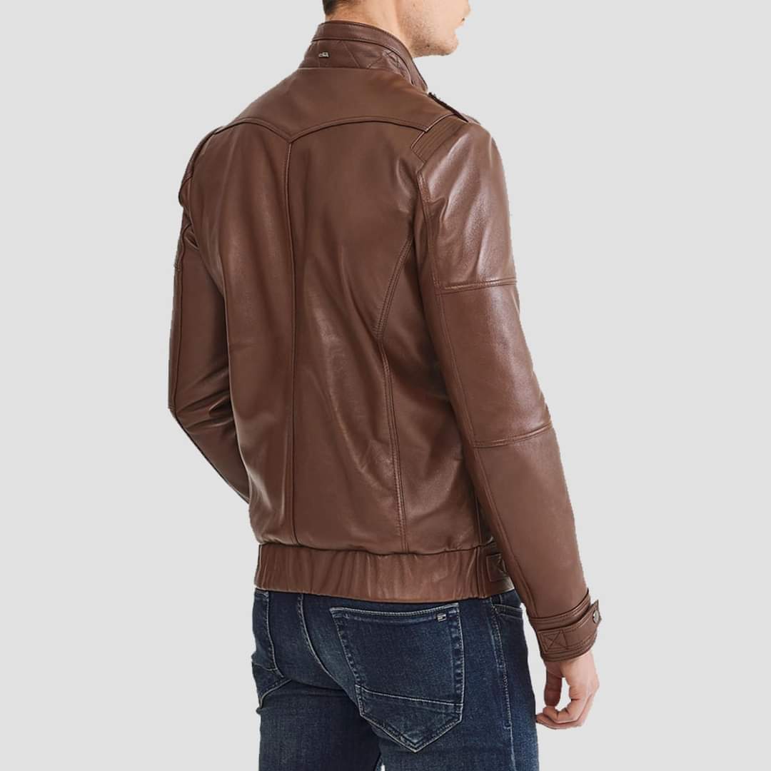 Men's Handmade Brown Leather Biker Jacket with Multi Pockets - Image 3