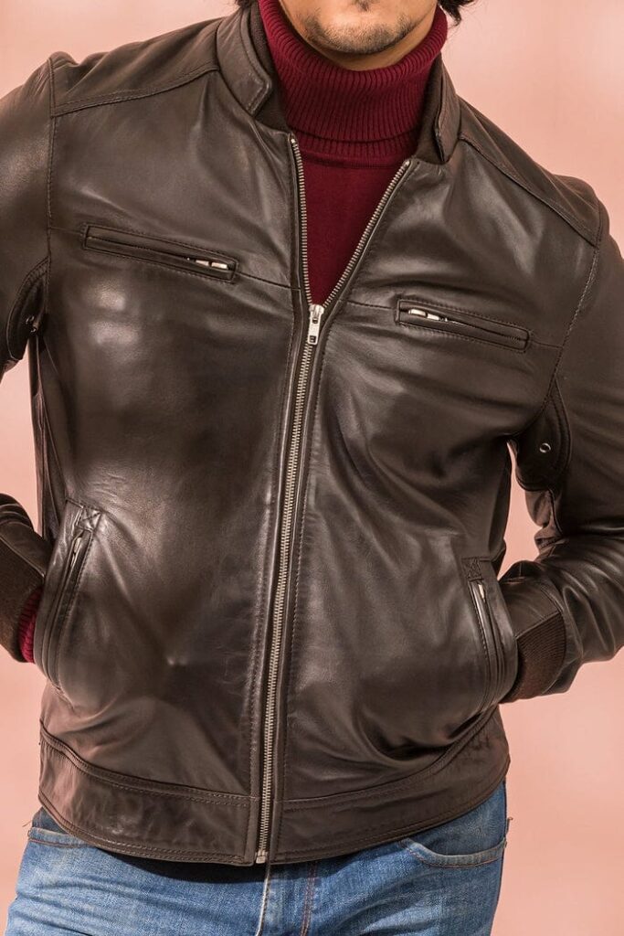 Handmade Mens Brown Leather Jacket, Men Multi Pockets Biker Jacket Slim Fit Jacket - Image 3