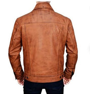Men's Brown Leather Trucker Jacket - Image 2