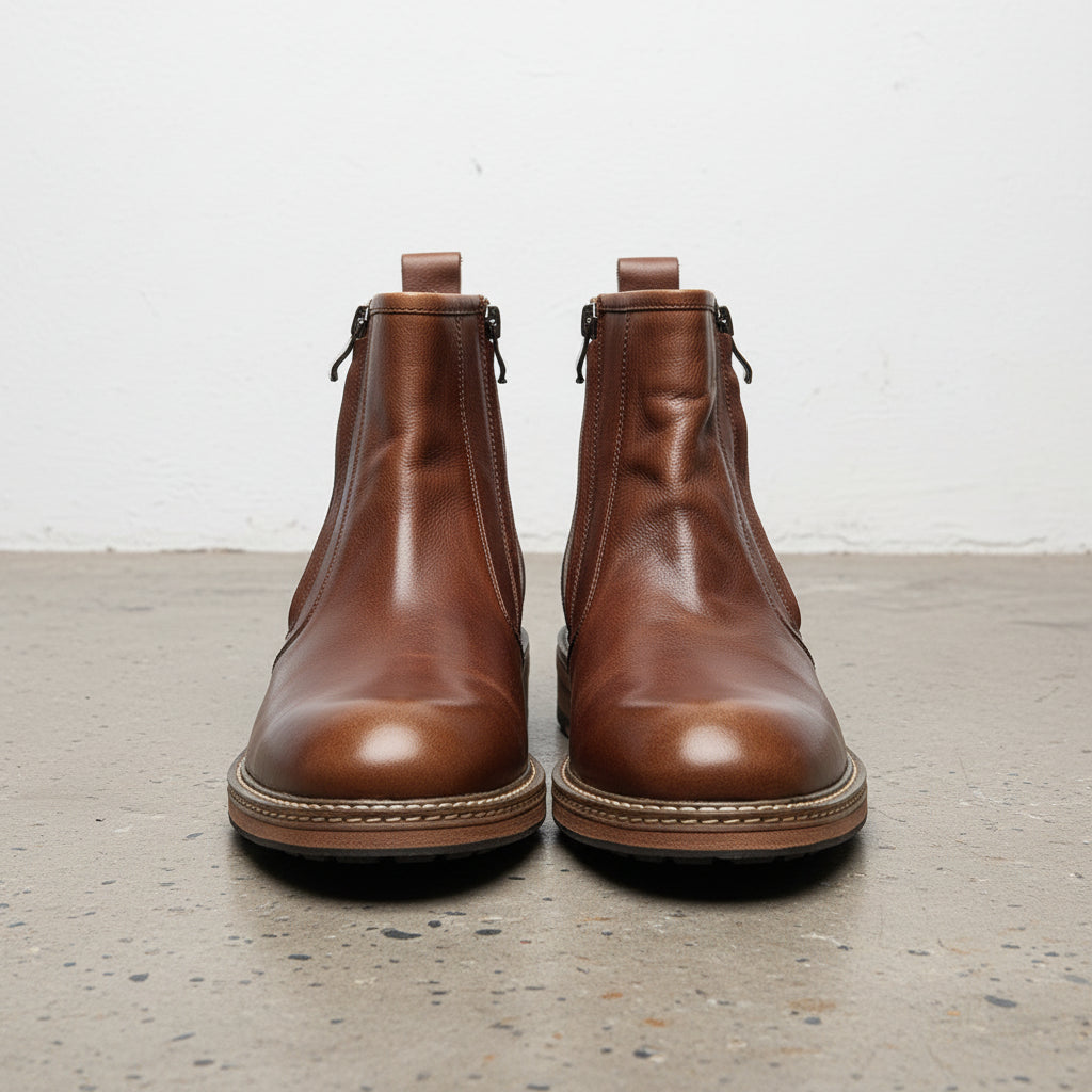 Men's Genuine Leather Ankle Boots, Premium Brown Boots for Versatile Wear - front-view