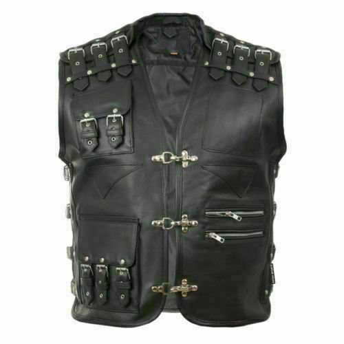 Punk Men's Genuine Leather Heavy Buckled Motorcycle Biker Vest Waistcoat